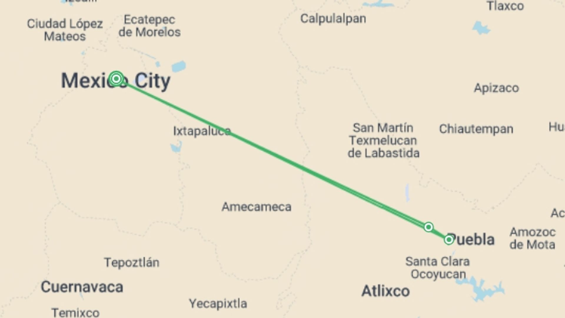 A map showing the tour itinerary for the trip: Mexico City, starting in Mexico City, Mexico and ending in Mexico City, Mexico going through 0 other destinations.