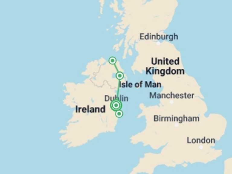 Map of a Train Tour with 2 destination visits for the trip: Ireland Express By Rail