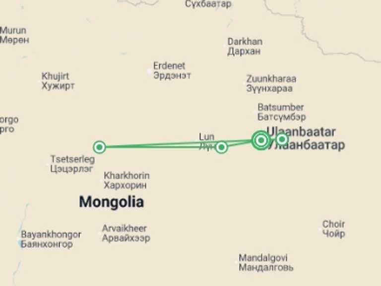 Map of a Explorer Tour with 5 destination visits for the trip: Grand Tour Mongolia: a Journey Through Time & Naadam Festival
