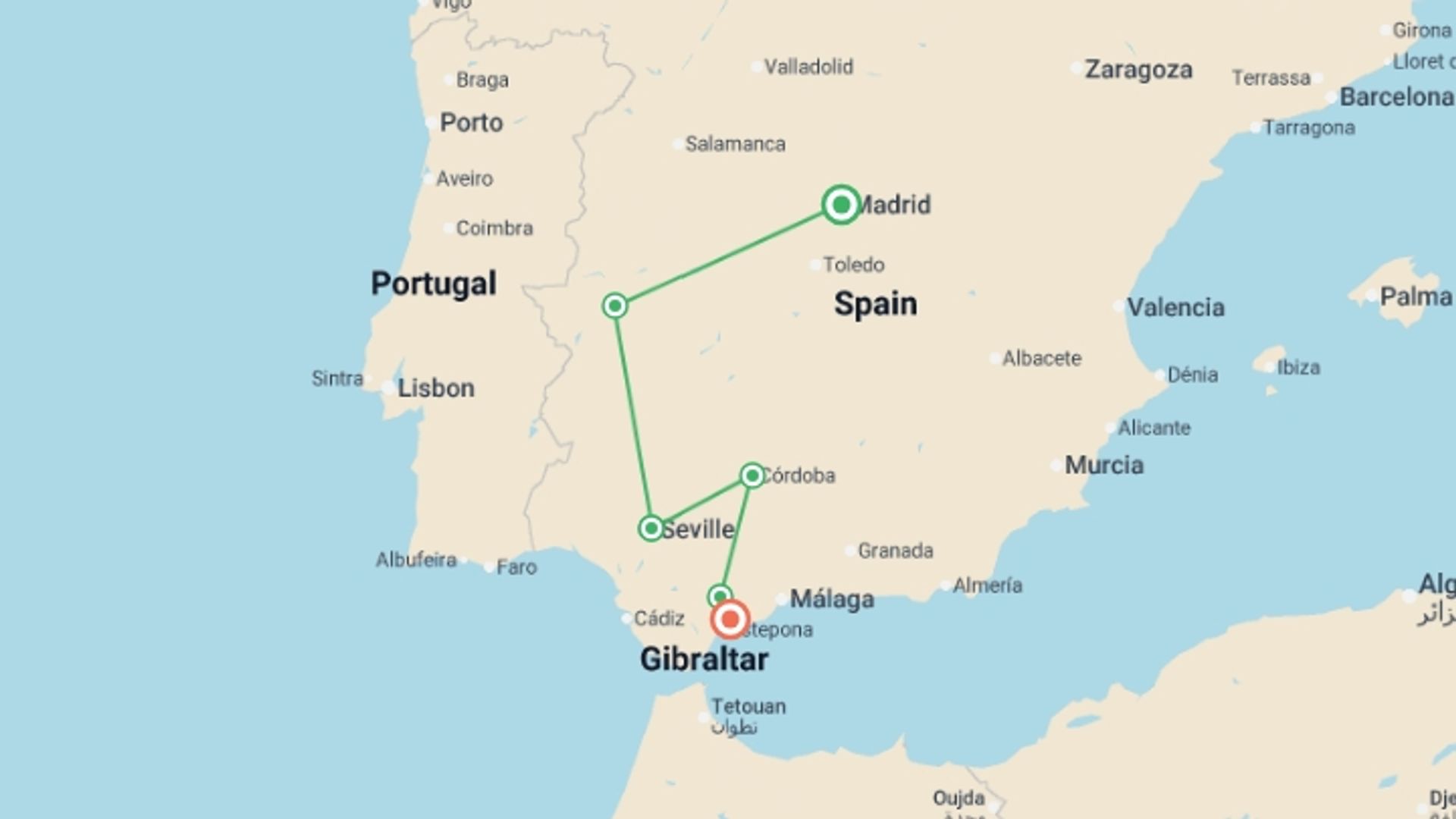 A map showing the tour itinerary for the trip: Capital to Coast - 4 days, starting in Madrid, Spain and ending in Costa del Sol, Spain going through 2 other destinations.