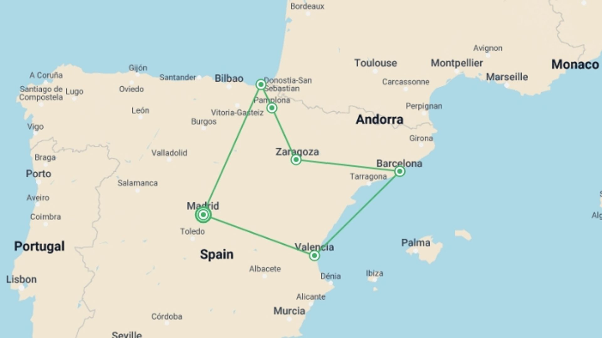 A map showing the tour itinerary for the trip: Taste of Spain, starting in Madrid, Spain and ending in Madrid, Spain going through 4 other destinations.