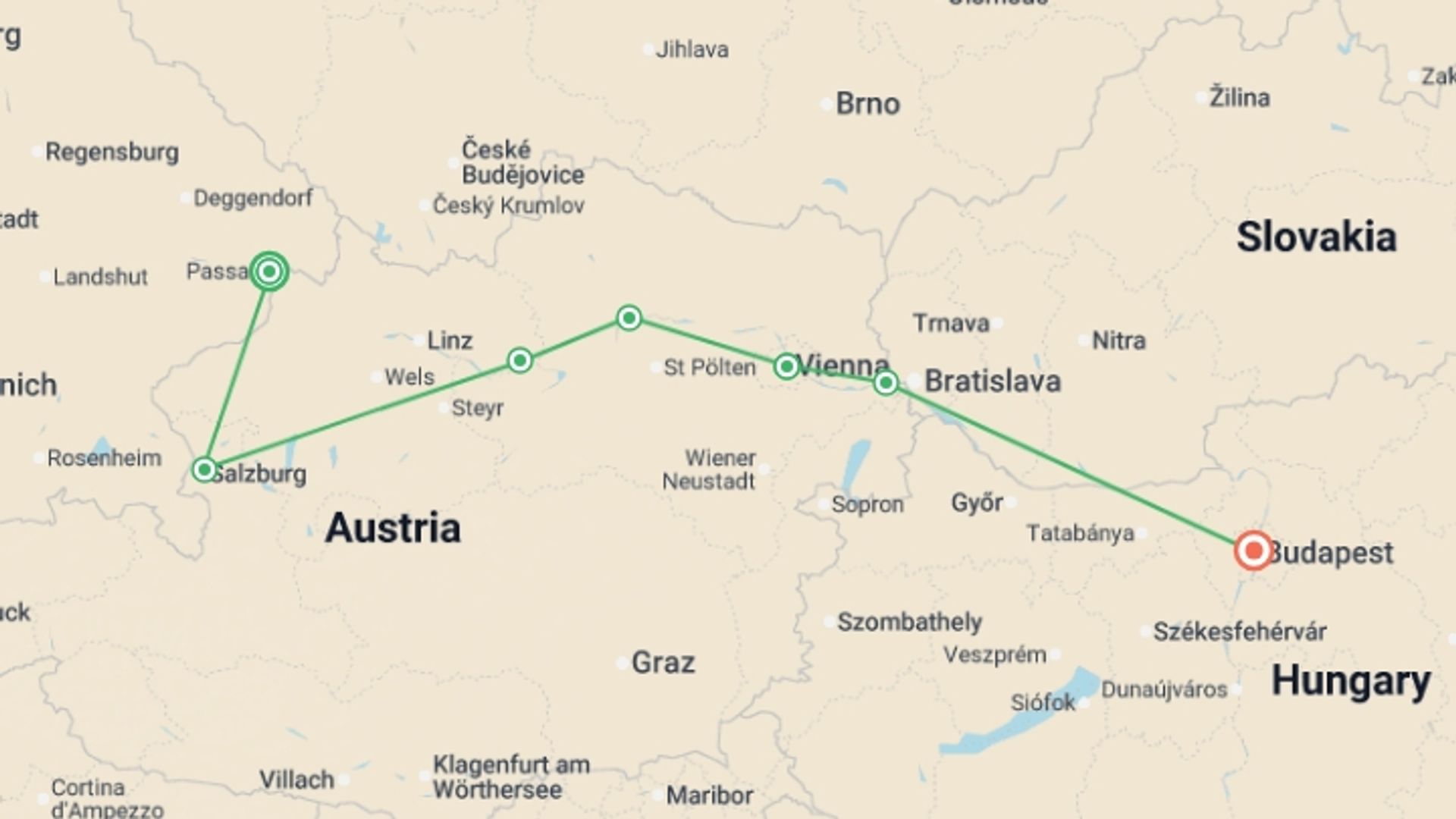 A map showing the tour itinerary for the trip: Enchanting Christmas & New Year's (2027), starting in Passau, Germany and ending in Budapest, Hungary going through 5 other destinations.