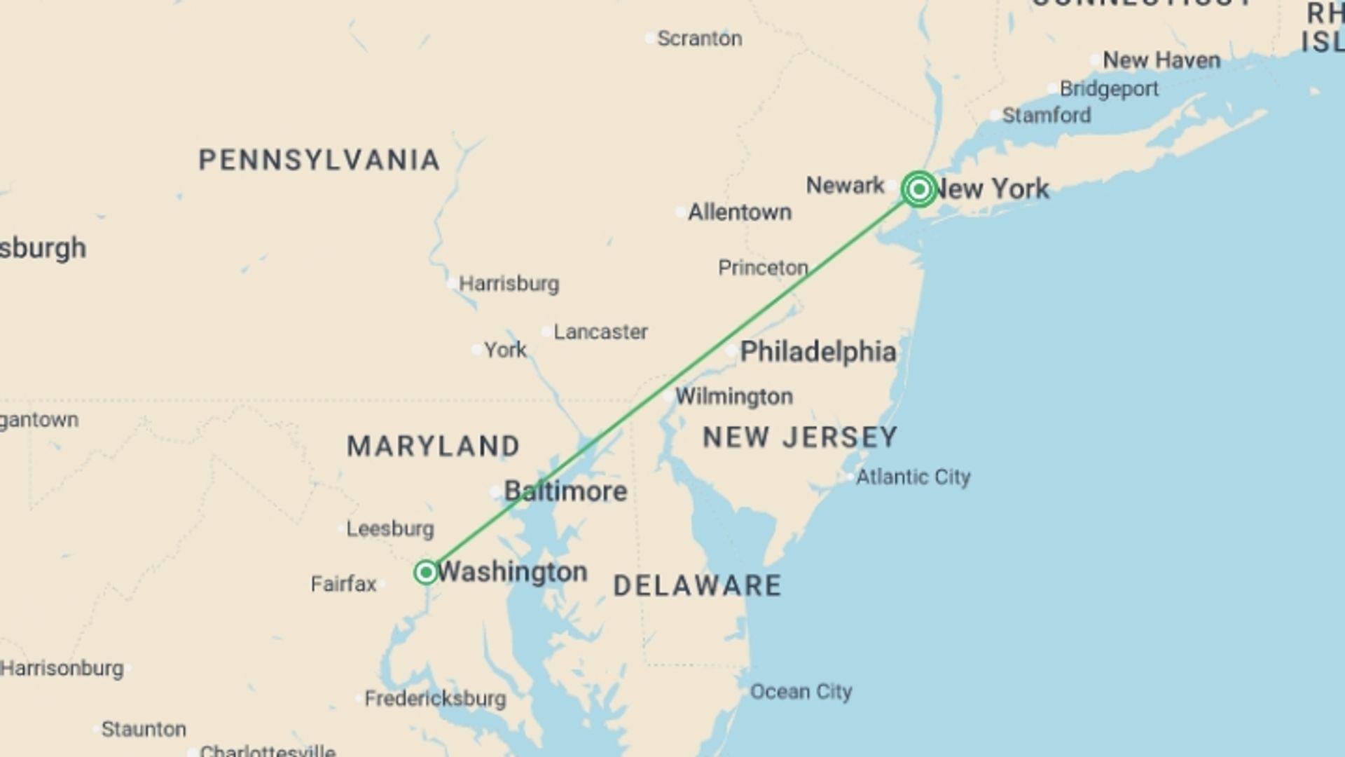 A map showing the tour itinerary for the trip: Big Apple to Capital Adventure - 6 days, starting in undefined, USA and ending in undefined, USA going through 0 other destinations.
