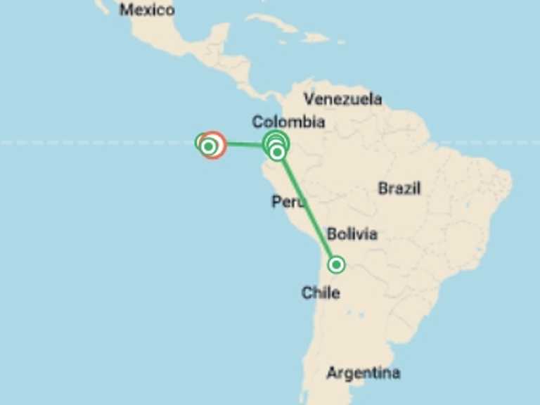 Map itinerary of South America Tour in July 2026 with 8 destination visits for the trip: Totally Ecuador & Galapagos - 12 days