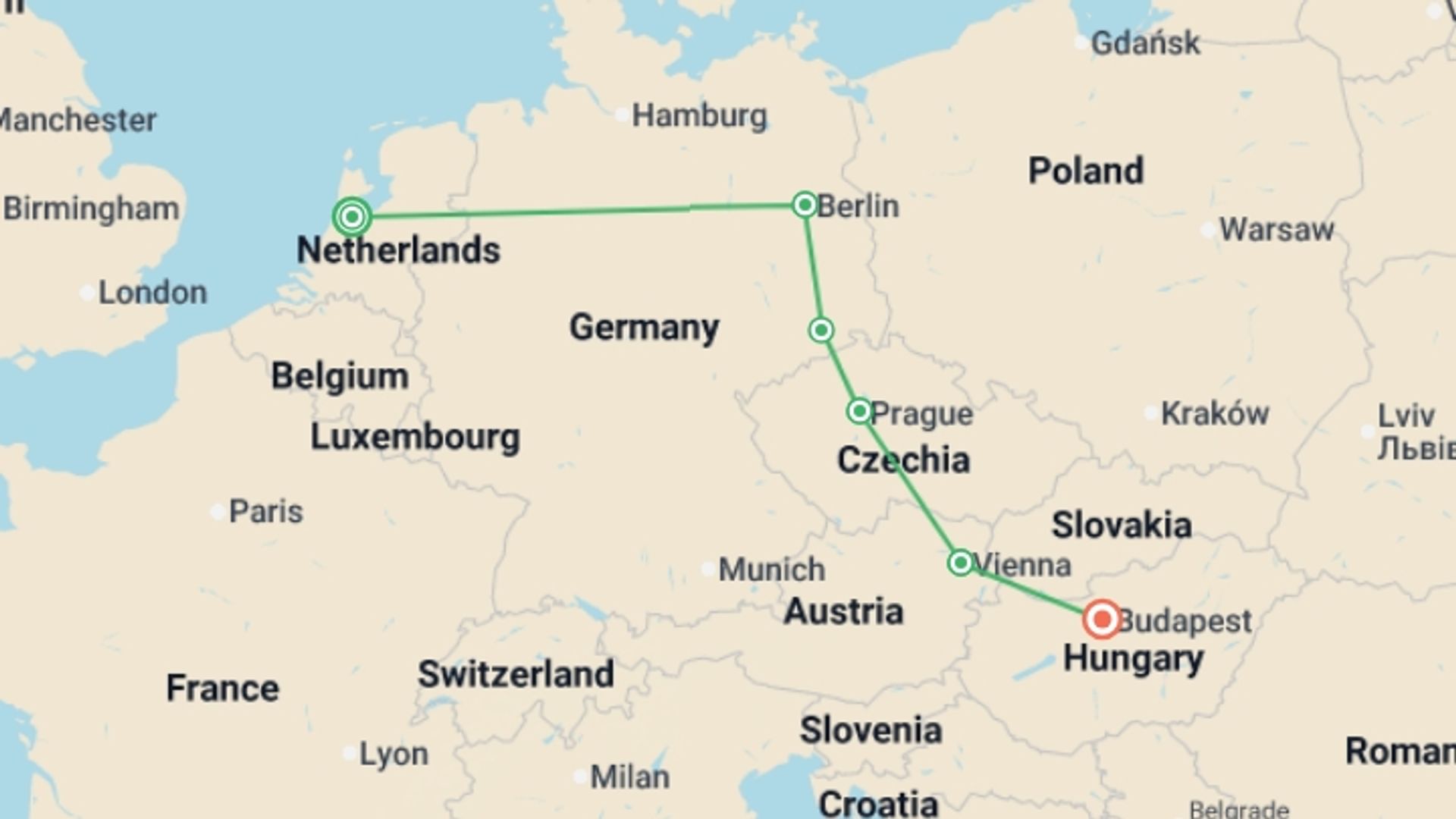 A map showing the tour itinerary for the trip: Amsterdam to Budapest Rail Explorer, starting in Amsterdam, Holland and ending in Budapest, Hungary going through 3 other destinations.