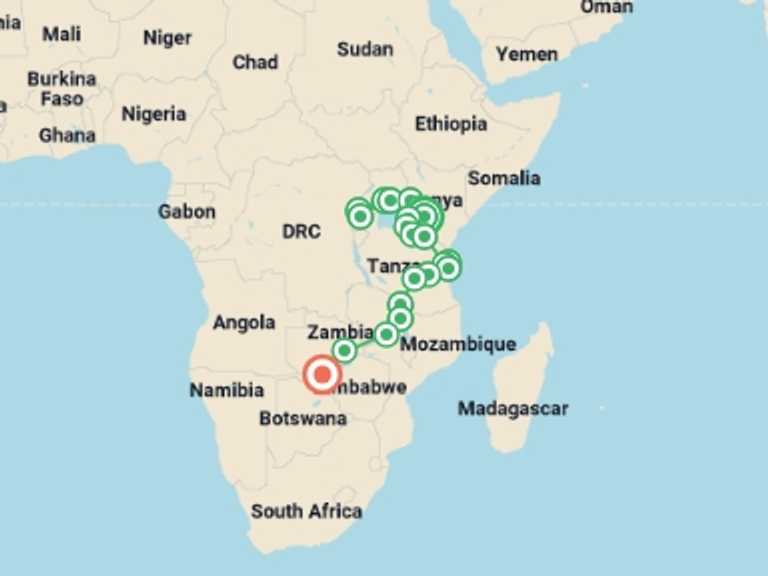 Map of Nairobi Active and outdoor Tour with 21 destination visits for the trip: 39-day Gorillas to Victoria Falls Camping