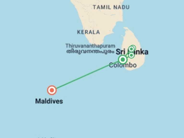 Map of Colombo Beach Tour with 5 destination visits for the trip: Sri Lanka & the Maldives - 10 days
