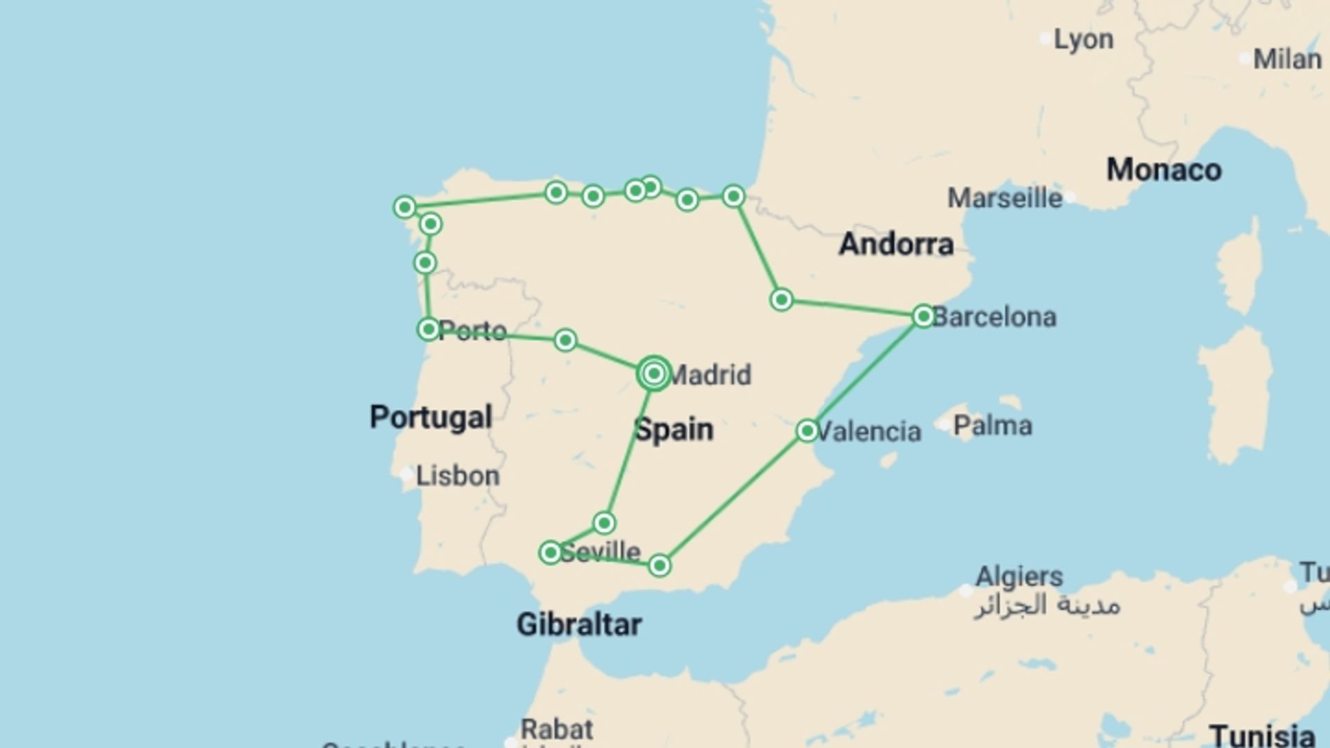 A map showing the tour itinerary for the trip: Spain Uncovered & Porto - 14 days, starting in Madrid, Spain and ending in Madrid, Spain going through 10 other destinations.