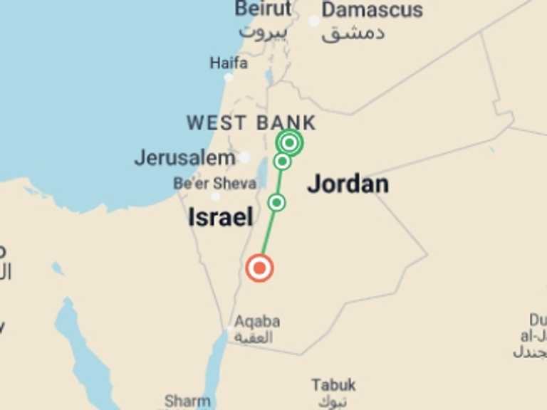 Map of Jordan Tour with 3 destination visits for the trip: Jordan Highlights
