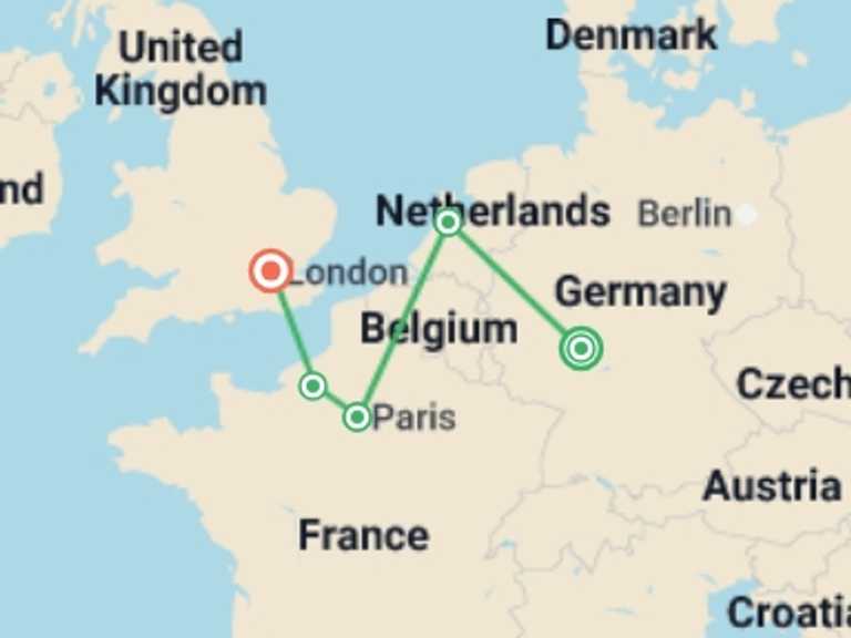 Map itinerary of Europe Tour in January 2027 with 5 destination visits for the trip: From Frankfurt to London