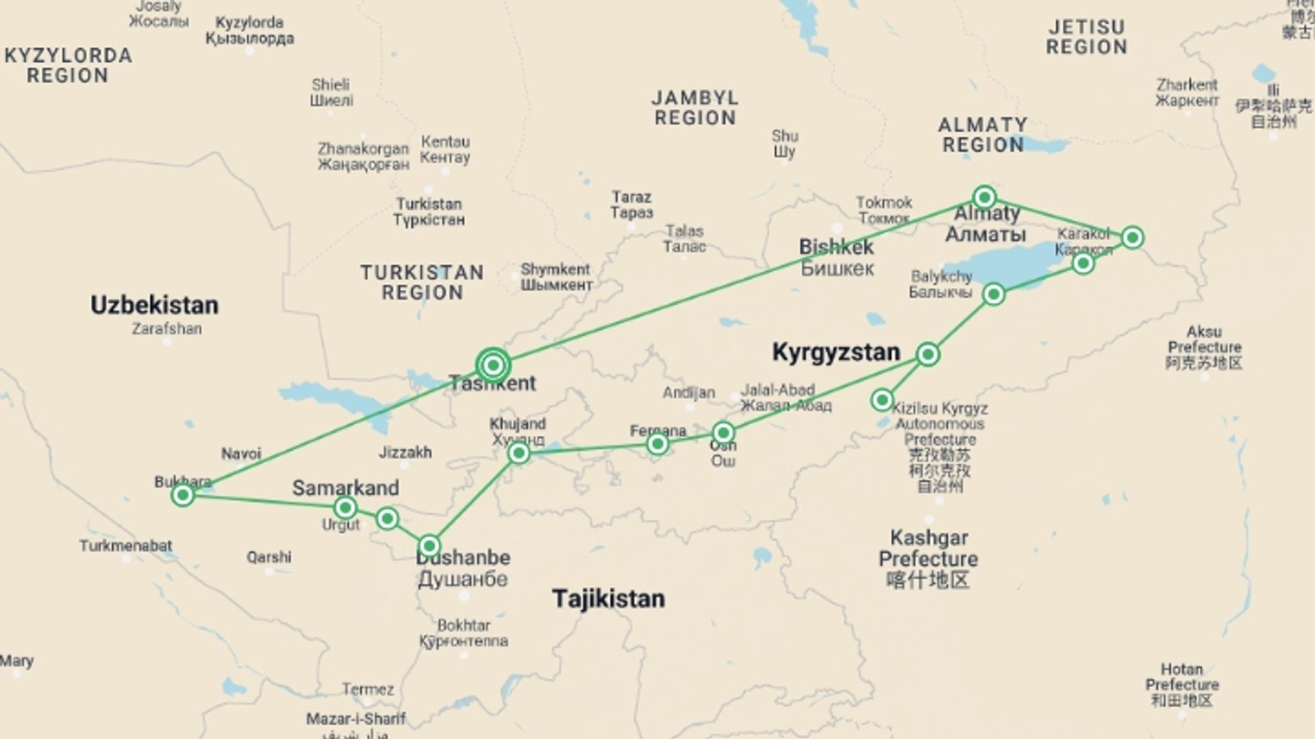 A map showing the tour itinerary for the trip: Silk Road Adventure, starting in Tashkent, Uzbekistan and ending in Tashkent, Uzbekistan going through 13 other destinations.