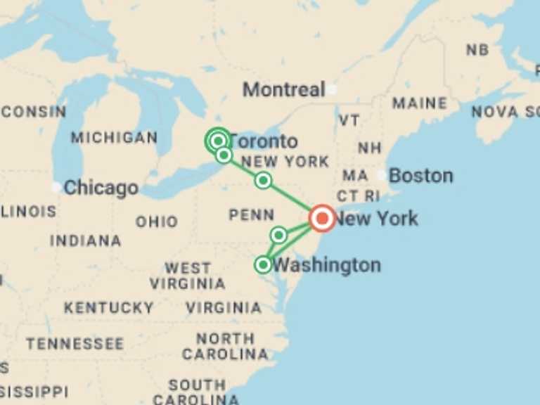 Map of North America Tour with 4 destination visits for the trip: Toronto, Niagara with East Coast