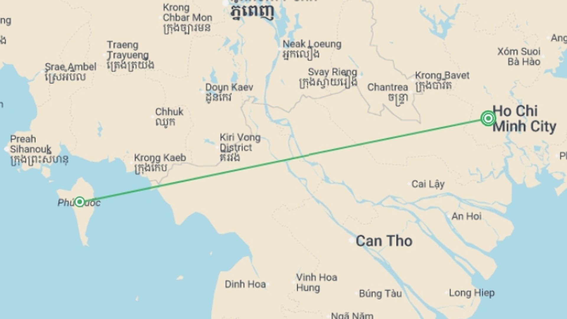 A map showing the tour itinerary for the trip: Saigon, Mekong & Phu Quoc (Superior) - 8 days, starting in Ho Chi Minh City, Vietnam and ending in Ho Chi Minh City, Vietnam going through 1 other destinations.