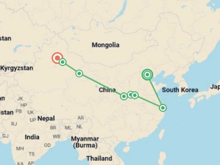 Map itinerary of Asia Tour in August 2026 with 7 destination visits for the trip: Silk Road: Mountains and Oasis