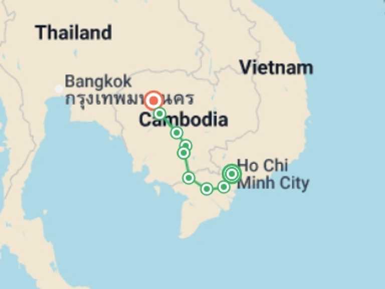 Map of Asia Tour with 9 destination visits for the trip: From the Mekong Delta to Siem Reap (port-to-port cruise)