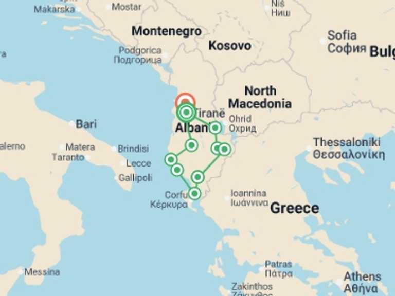 Map itinerary of Europe Tour in May 2026 with 10 destination visits for the trip: Highlights of Albania