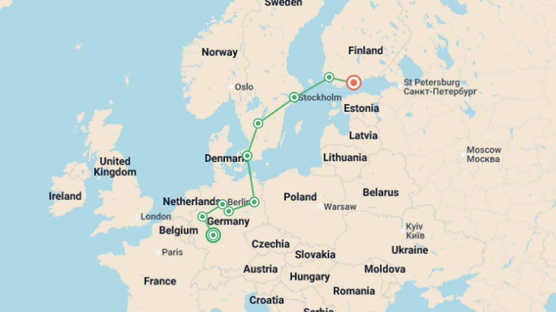 A map showing the tour itinerary for the trip: German Trek End Helsinki, starting in Frankfurt, Germany and ending in Helsinki, Finland going through 5 other destinations.