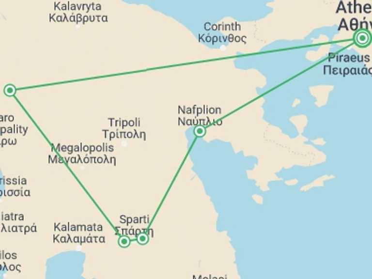Map itinerary of Greece Tour in June 2027 with 2 destination visits for the trip: Best Places of Peloponnese