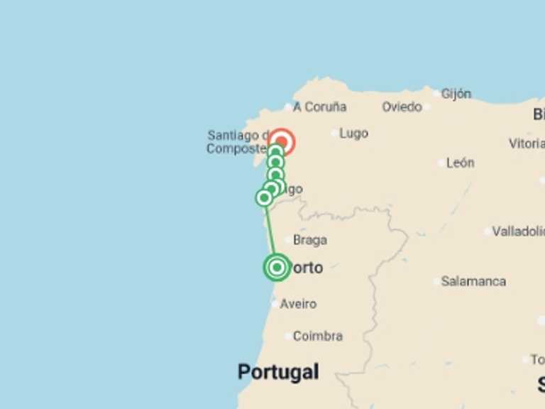 Map of Porto Trekking and Hiking Tour with 8 destination visits for the trip: Portuguese Camino