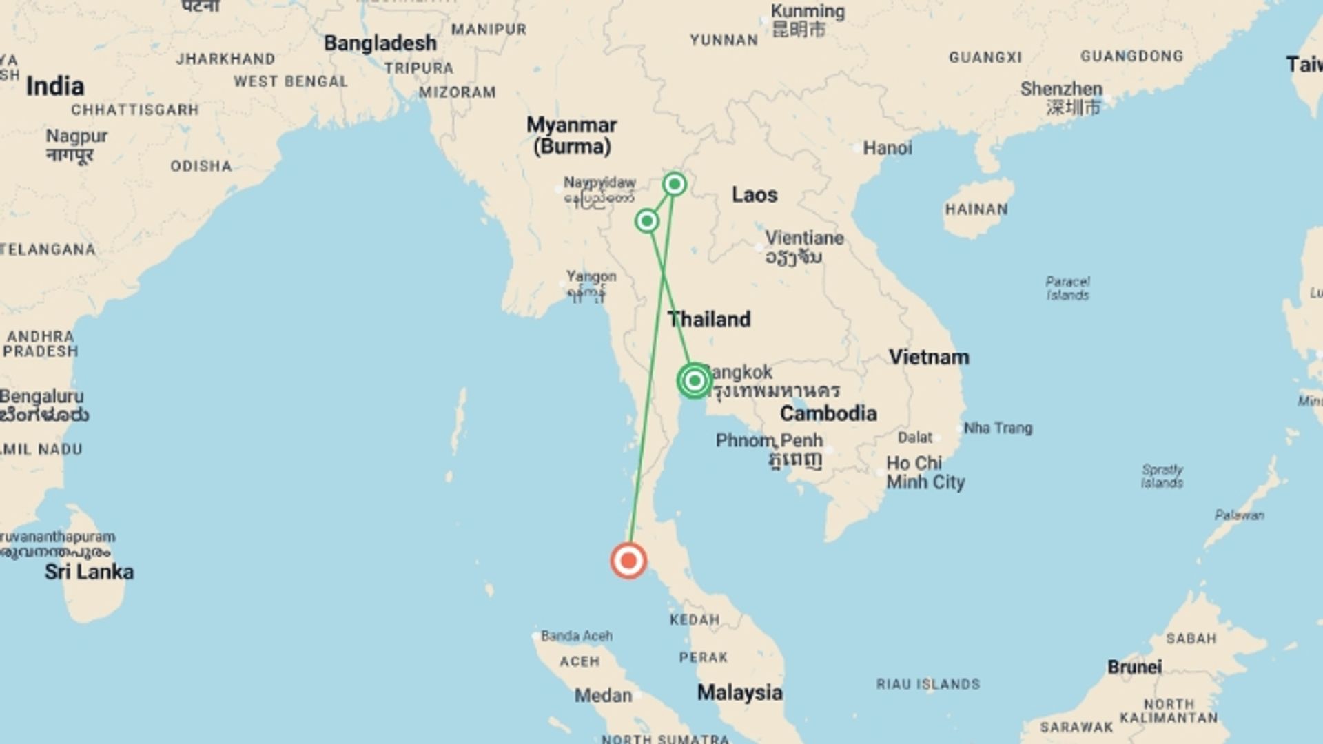 A map showing the tour itinerary for the trip: Bangkok, Golden Triangle & Phuket Beach Extension, Small Group Tour, starting in Bangkok, Thailand and ending in Phuket, Thailand going through 2 other destinations.