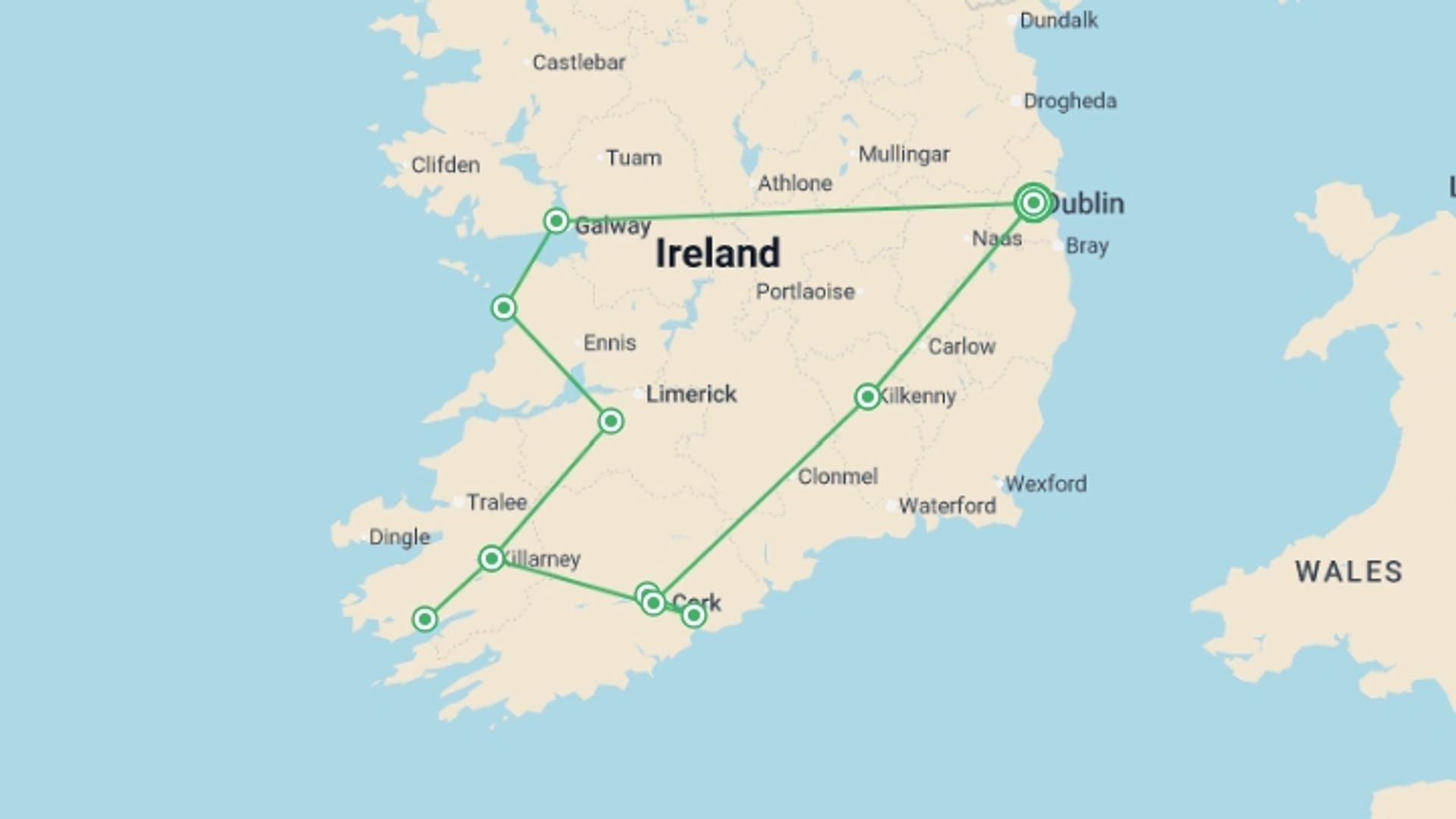 A map showing the tour itinerary for the trip: Focus on Ireland, starting in Dublin, Ireland and ending in Dublin, Ireland going through 4 other destinations.