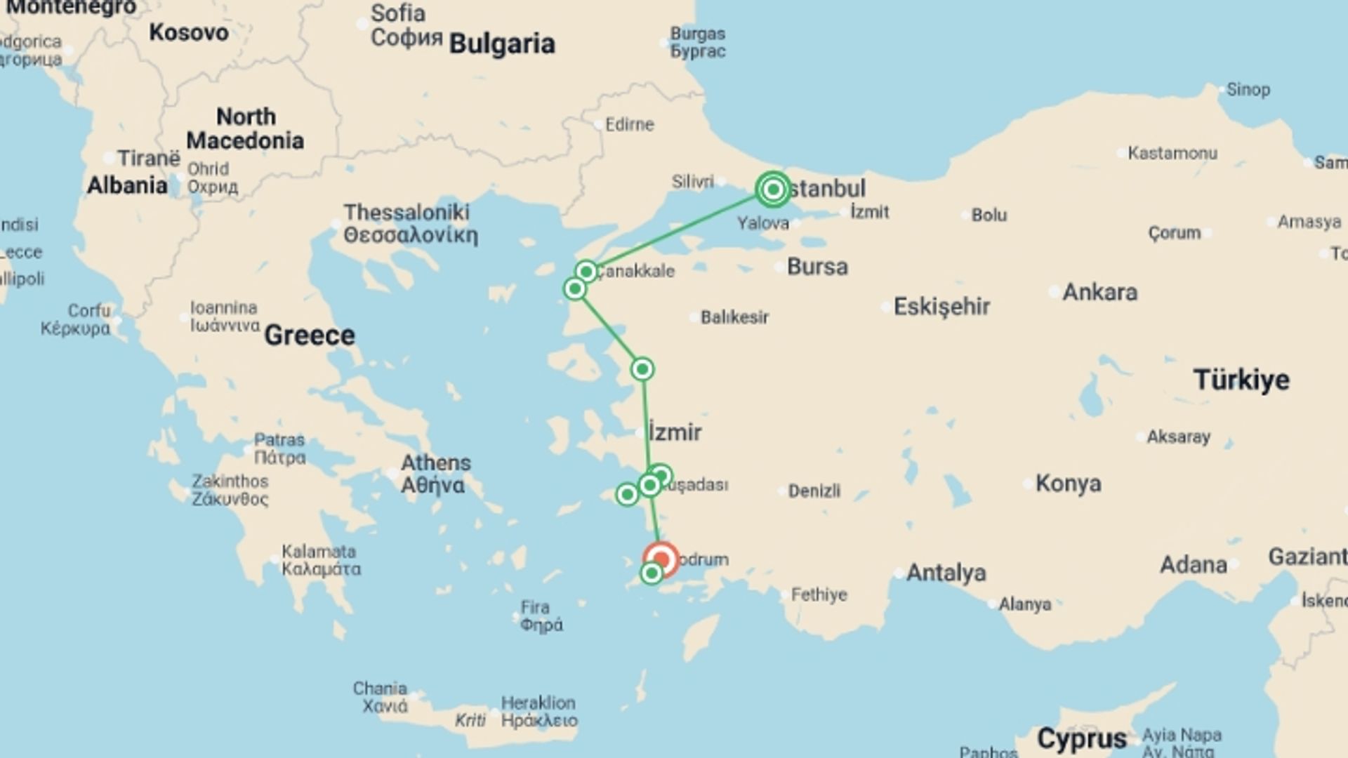 A map showing the tour itinerary for the trip: Istanbul & Aegean Highlights - 9 days, starting in Istanbul, Turkey and ending in Bodrum, Turkey going through 2 other destinations.