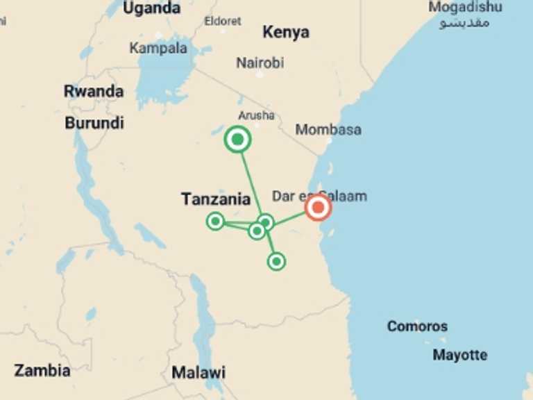 Map itinerary of Dar Es Salaam Tour in February 2026 with 6 destination visits for the trip: 11 Days Hidden Safari Treasures of Africa