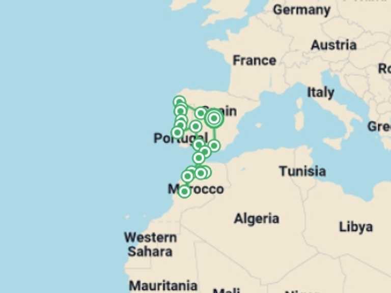 Map itinerary of Europe Tour in October 2026 with 12 destination visits for the trip: Classic Spain, Portugal & Morocco - 18 days