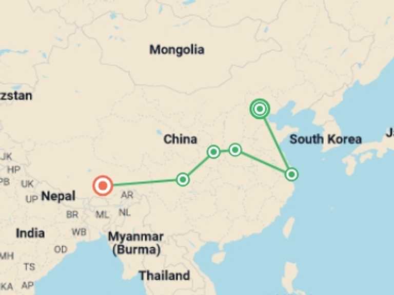 Map itinerary of China Tour in January 2027 with 6 destination visits for the trip: Essence of China with Chengdu and Lhasa