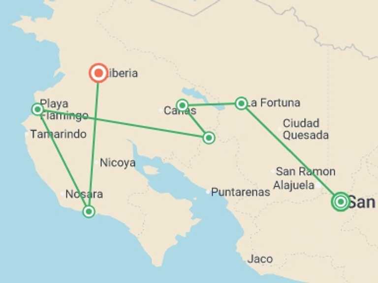 Map of Central America Rafting Tour with 7 destination visits for the trip: Costa Rica Active Escape