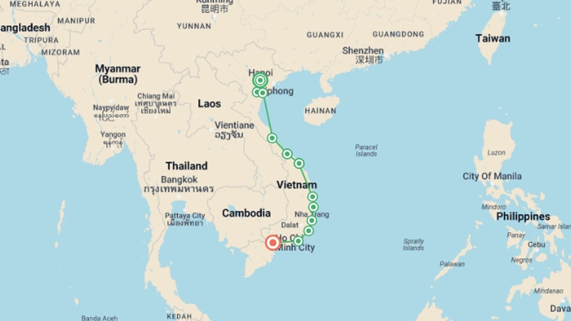 A map showing the tour itinerary for the trip: Hanoi to Saigon by Bicycle, starting in Hanoi, Vietnam and ending in Saigon, Vietnam going through 9 other destinations.