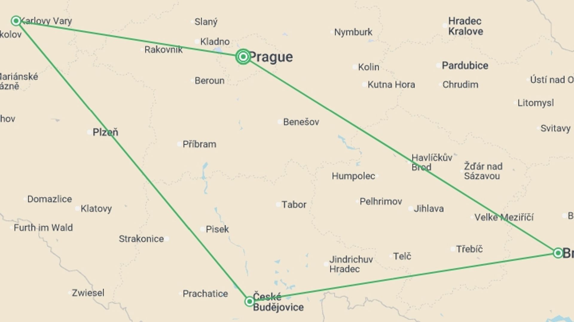 A map showing the tour itinerary for the trip: Full Czechia, starting in Prague, Czech Republic and ending in Prague, Czech Republic going through 3 other destinations.