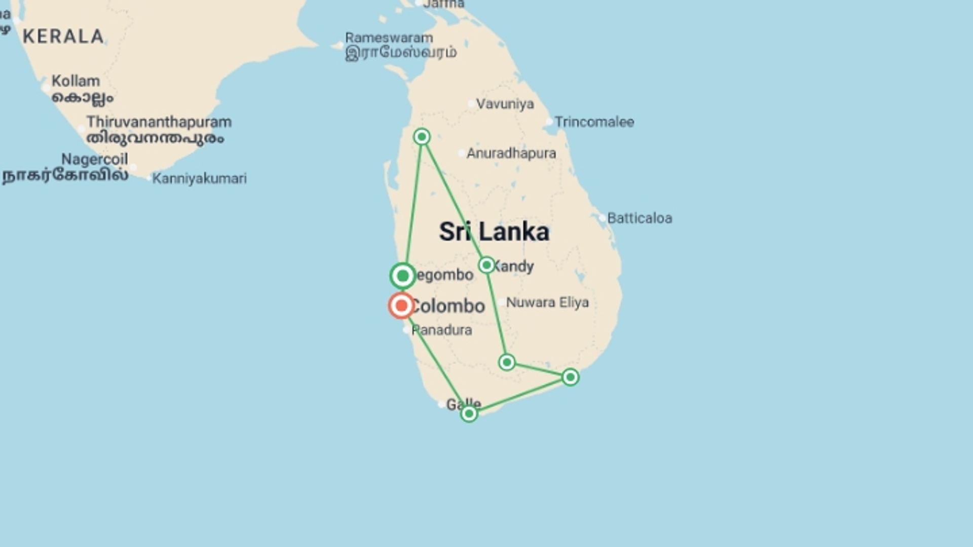 A map showing the tour itinerary for the trip: Sri Lanka Safari & Wildlife Tour, starting in Negombo, Sri Lanka and ending in Colombo, Sri Lanka going through 5 other destinations.