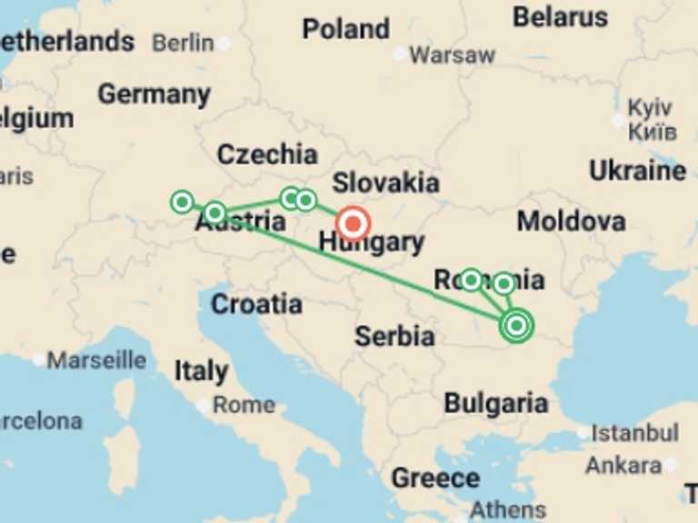 Map of 15-Day Europe Tour with 7 destination visits for the trip: Best Christmas Markets of Europe: Bucharest to Budapest