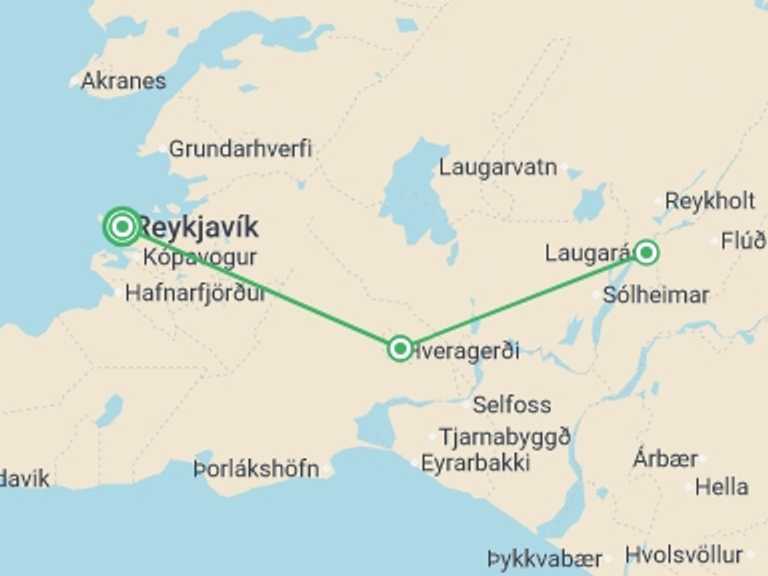Map itinerary of Reykjavik Tour in October 2026 with 3 destination visits for the trip: Iceland's Classic Northern Lights