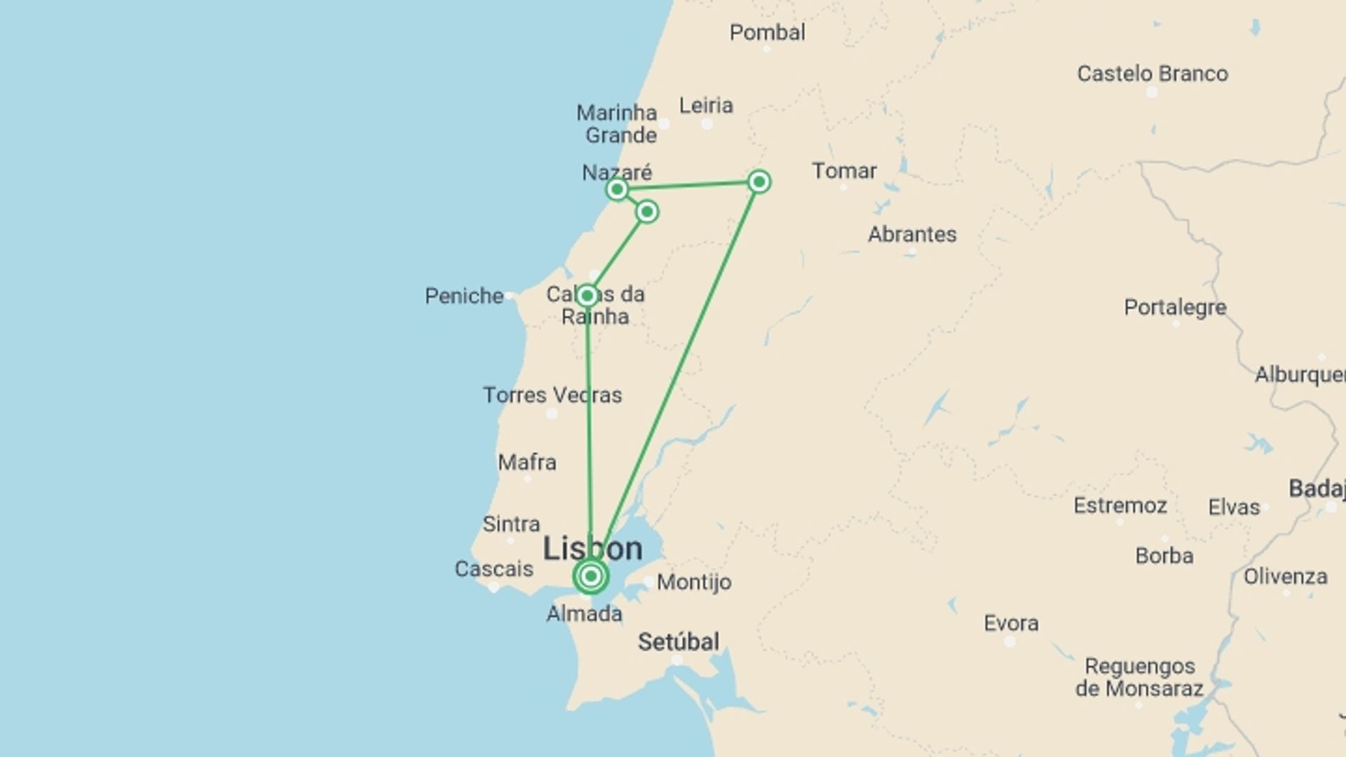 A map showing the tour itinerary for the trip: Religious Portugal, starting in Lisbon, Portugal and ending in Lisbon, Portugal going through 1 other destinations.