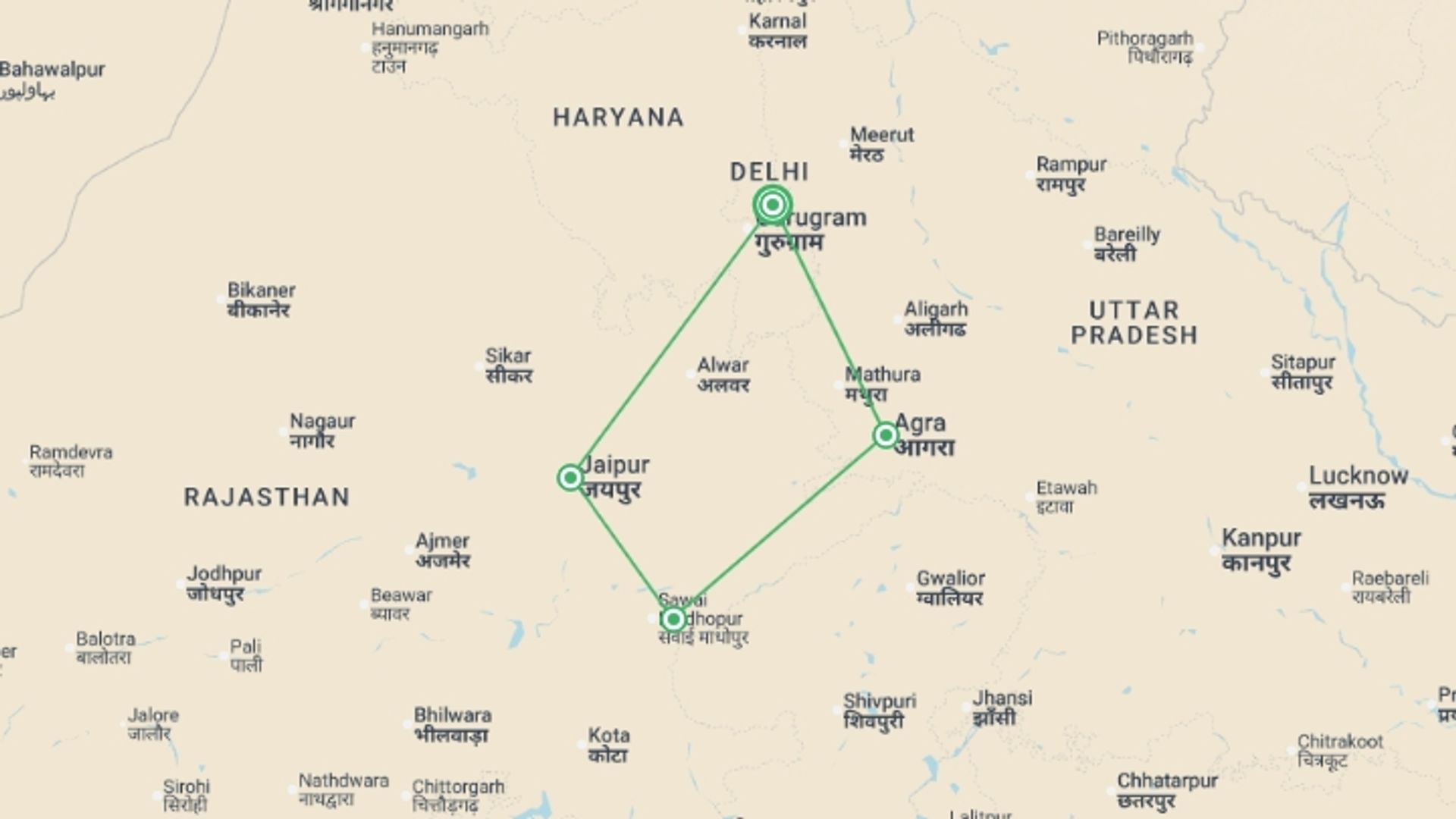 A map showing the tour itinerary for the trip: Mysteries of India, starting in New Delhi, India and ending in New Delhi, India going through 3 other destinations.