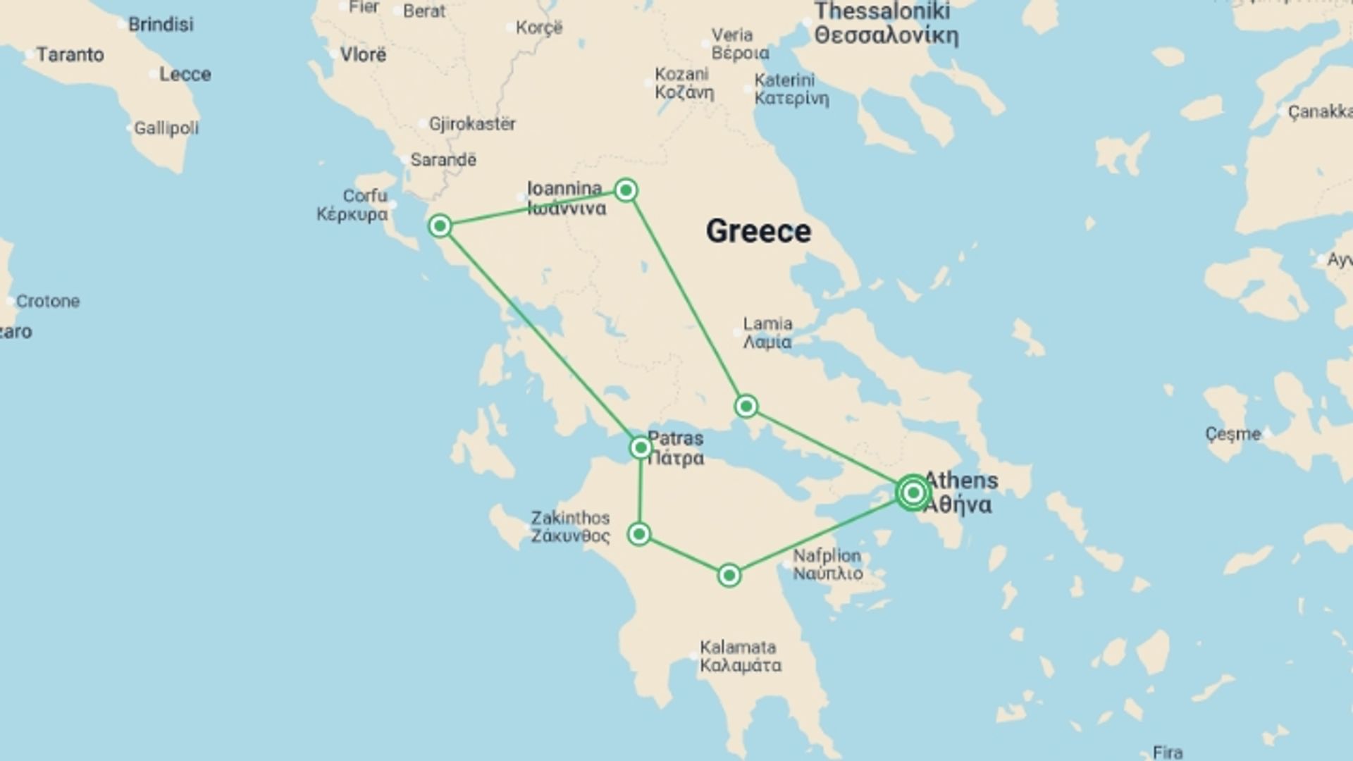 A map showing the tour itinerary for the trip: Peloponnese and Meteoras, starting in Athens, Greece and ending in Athens, Greece going through 3 other destinations.