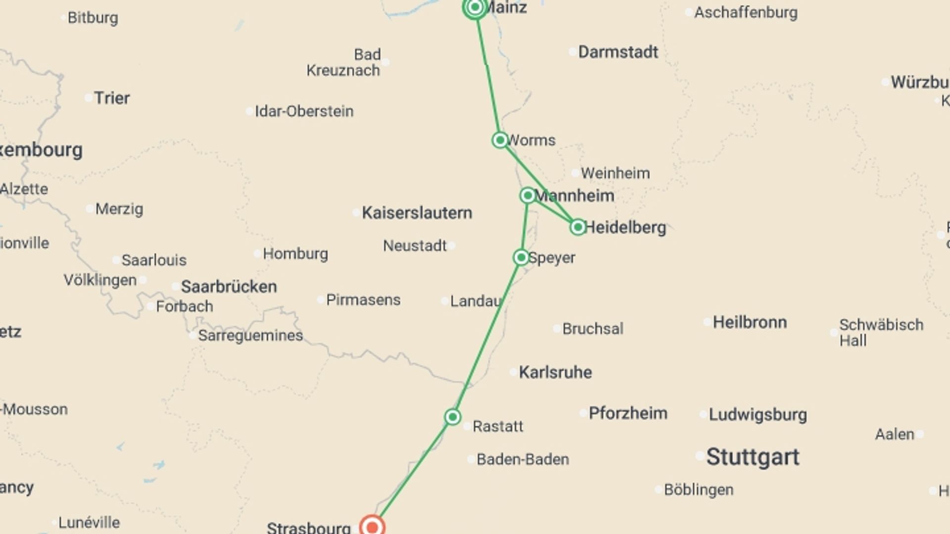 A map showing the tour itinerary for the trip: Mainz to Strasbourg by Bike and Barge, starting in Mainz, Germany and ending in Kehl, Germany going through 5 other destinations.