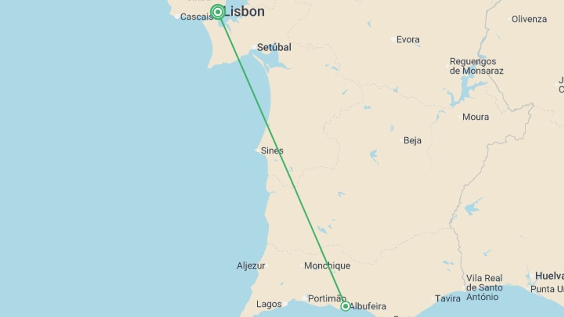 A map showing the tour itinerary for the trip: Southern Portugal with Lisbon, starting in Lisbon, Portugal and ending in Lisbon, Portugal going through 1 other destinations.