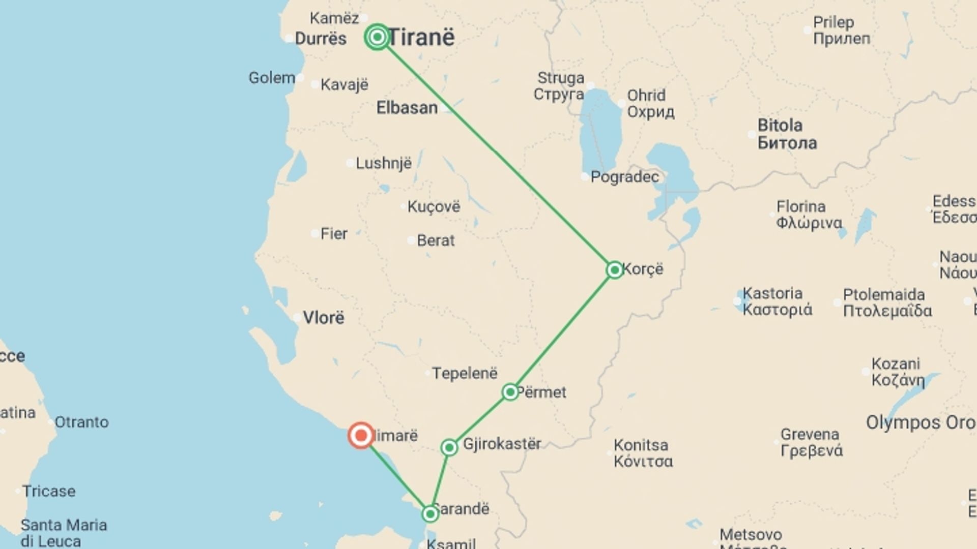 A map showing the tour itinerary for the trip: E-bike Across Southern Albania, starting in Tirana, Albania and ending in Tirana, Albania going through 5 other destinations.