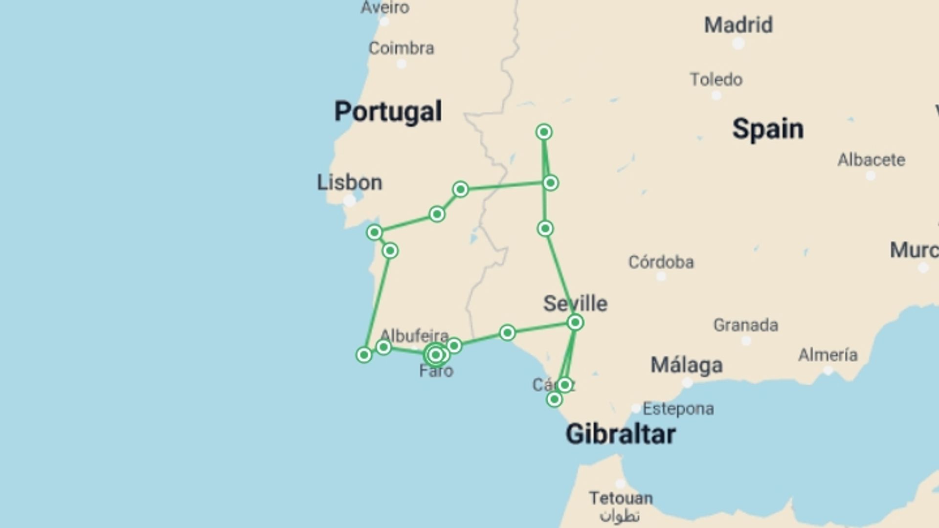 A map showing the tour itinerary for the trip: Discover The Magical Algarve, Alentejo & Andalucia, Self-drive (multi Country), starting in Faro, Portugal and ending in Faro, Portugal going through 6 other destinations.