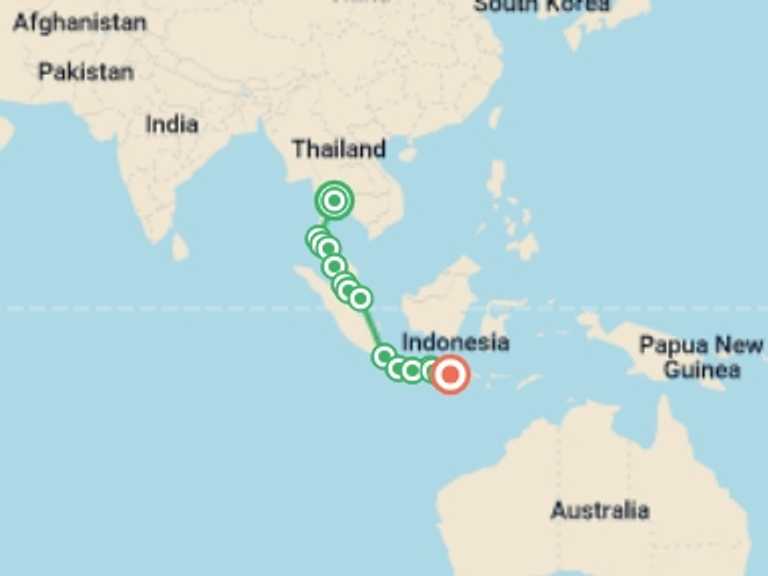 Map itinerary of Ubud Tour in November 2026 with 16 destination visits for the trip: Bangkok to Bali