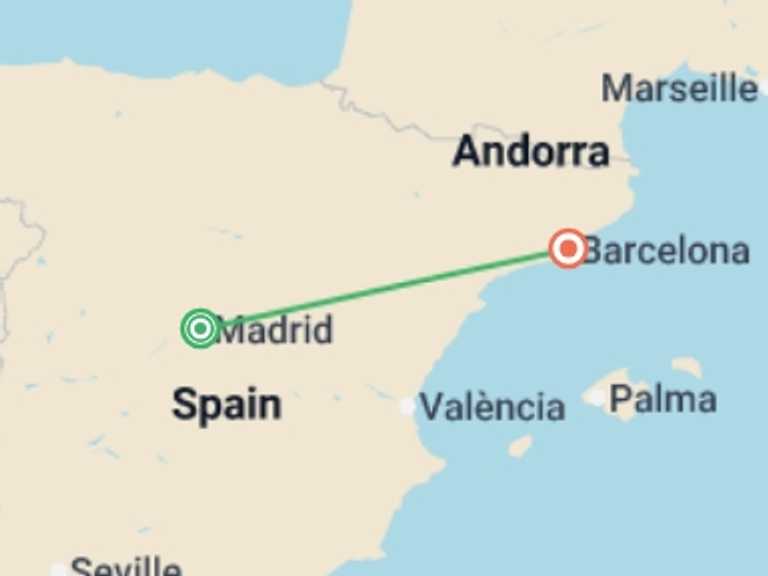 Map itinerary of Europe Tour in July 2026 with 2 destination visits for the trip: Madrid and Barcelona