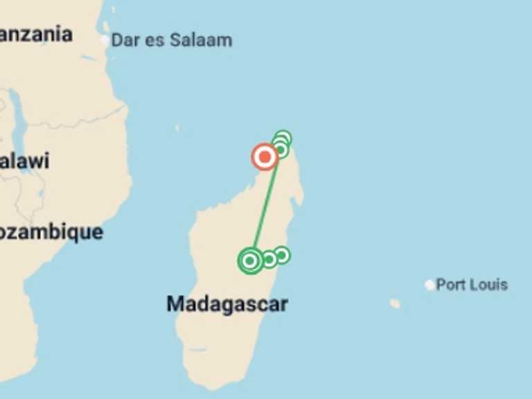 Map of 14-Day Africa Tour with 8 destination visits for the trip: Wild Madagascar