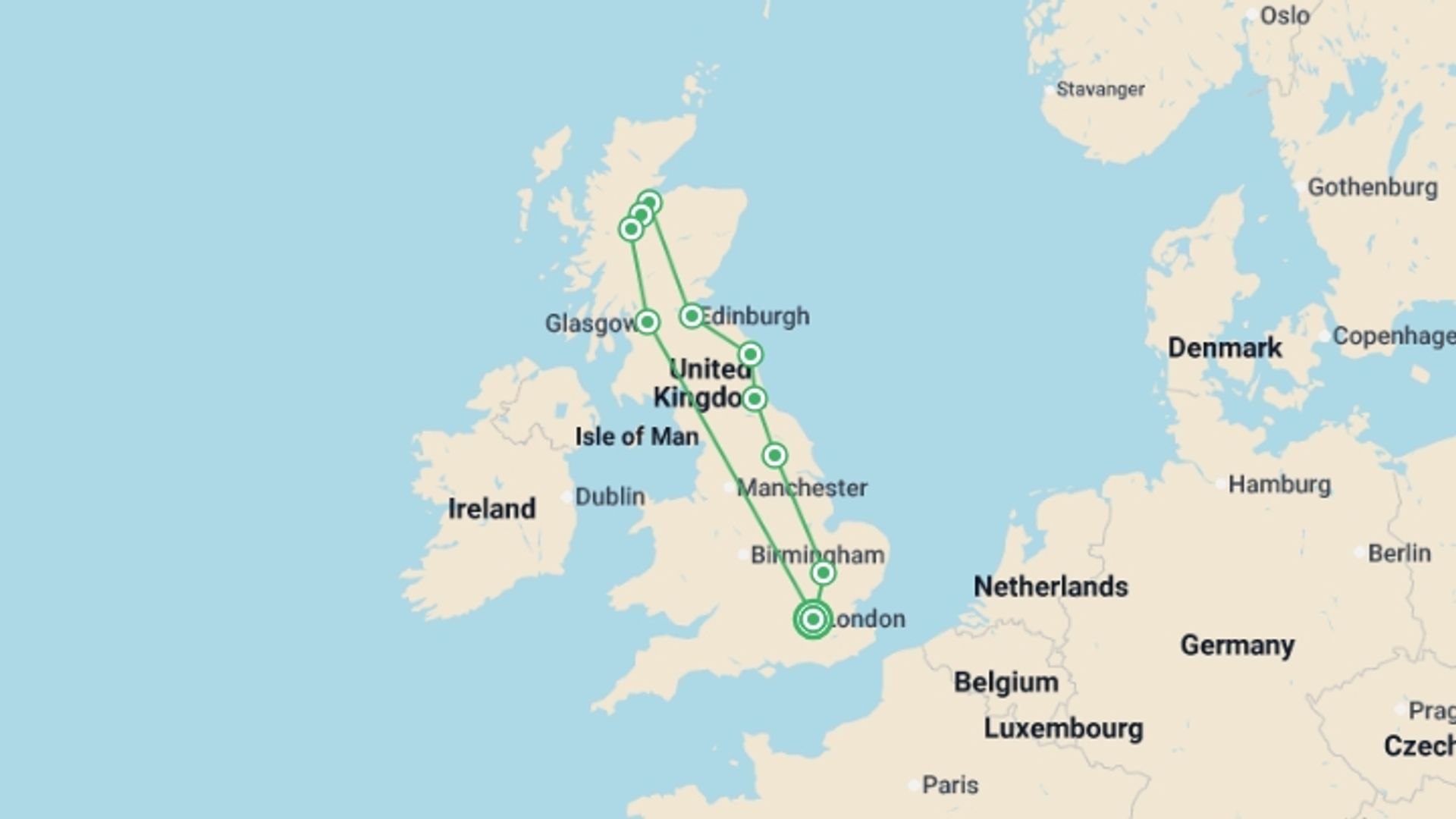 A map showing the tour itinerary for the trip: Roaming the United Kingdom, starting in London, England and ending in London, England going through 3 other destinations.