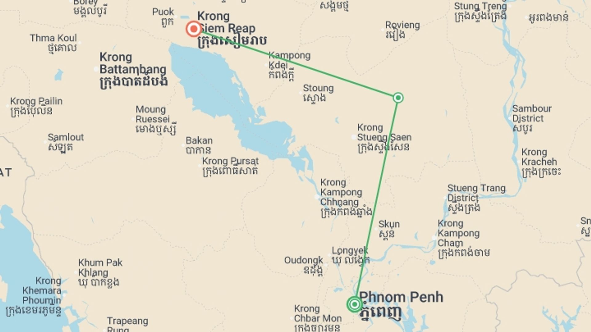 A map showing the tour itinerary for the trip: Cambodia Discovery - 8 days, starting in Phnom Penh, Cambodia and ending in Siem Reap, Cambodia going through 1 other destinations.