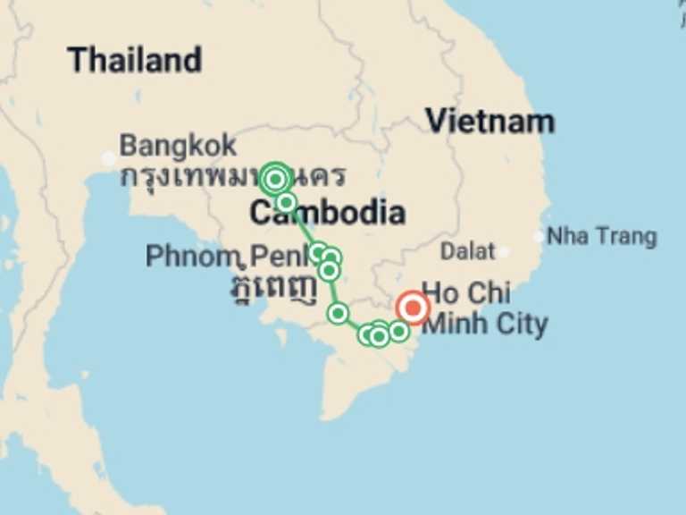Map of 9-Day Indochina Tour with 6 destination visits for the trip: From Siem Reap to the Mekong Delta (port-to-port cruise)