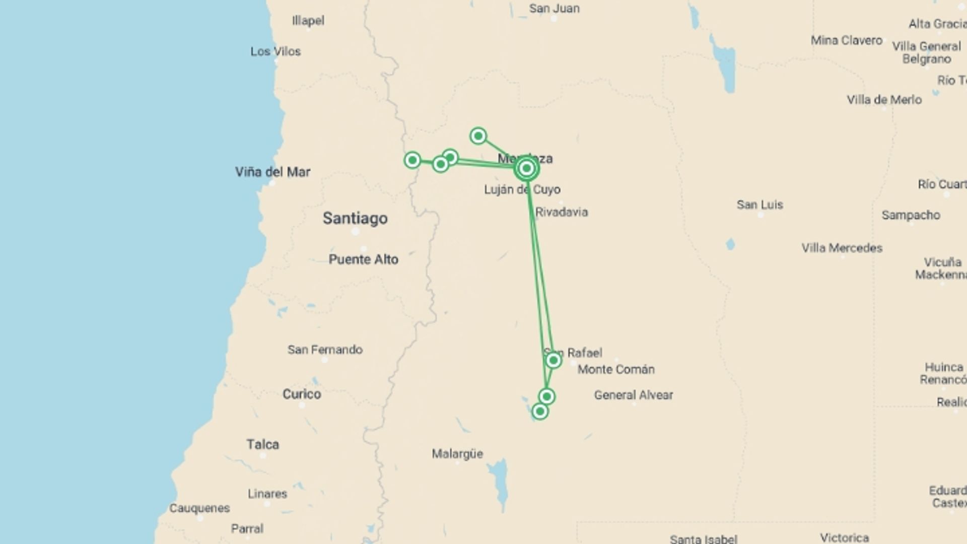 A map showing the tour itinerary for the trip: 4-Day Mendoza Tour, starting in Mendoza, Argentina and ending in Mendoza, Argentina going through 0 other destinations.