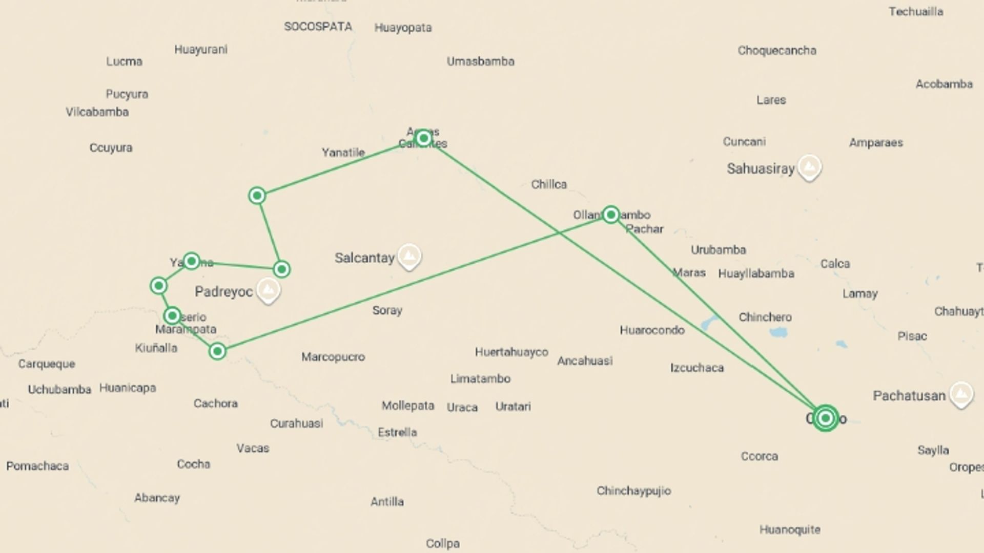 A map showing the tour itinerary for the trip: Inca Rivers Trek - Choquequirao to Machu Picchu, starting in Cusco, Peru and ending in Cusco, Peru going through 9 other destinations.